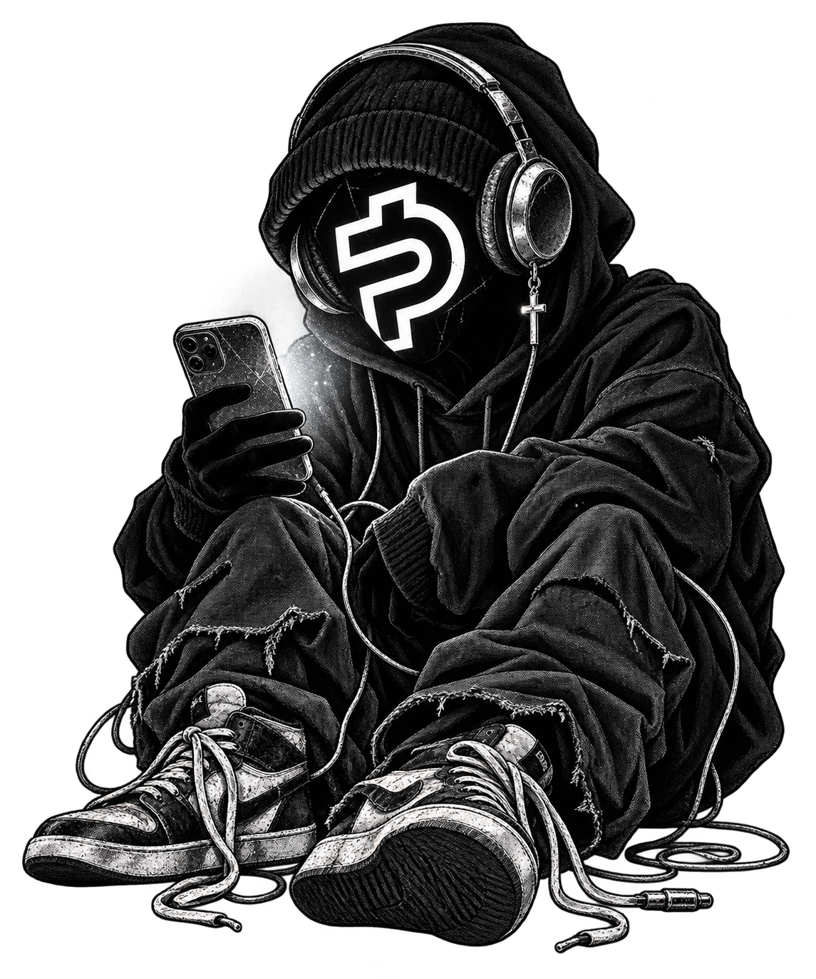 PAID NEET sitting in an oversized black hoodie, wearing headphones and holding a phone